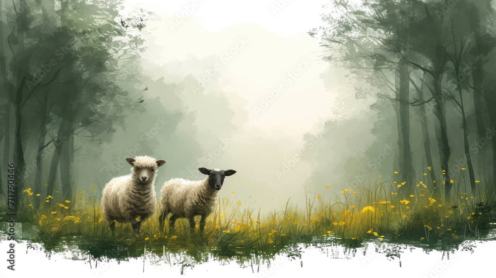 Poster two sheep standing next to each other in a field of grass and yellow flowers in front of a foggy for