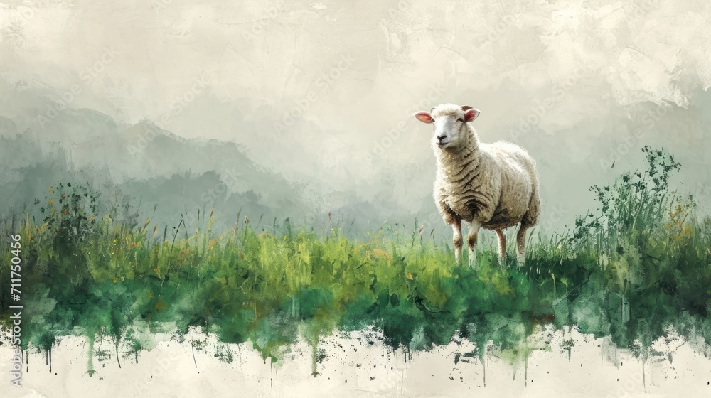 Poster a painting of a sheep standing in a field of grass with mountains in the background and clouds in th