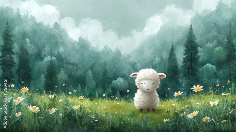 Aufkleber a painting of a sheep standing in a field of grass and daisies with trees in the background and clou