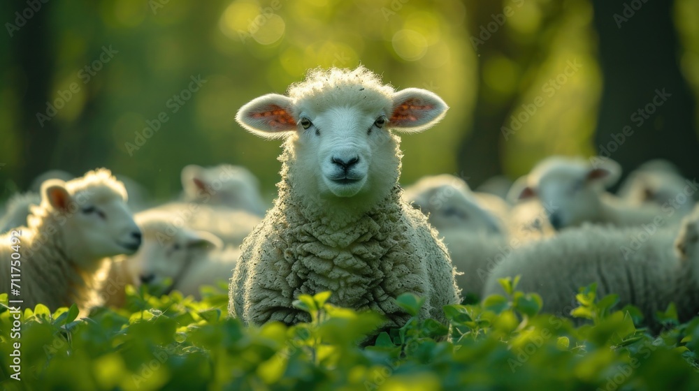 Poster a herd of sheep standing next to each other in a field of green grass with trees in the back ground.