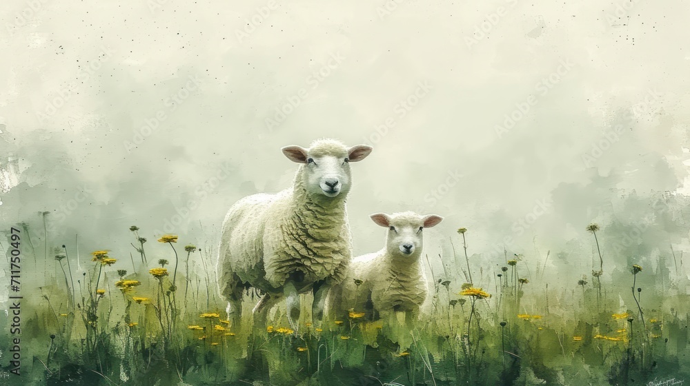 Poster a painting of two sheep standing in a field of grass and dandelions with a gray sky in the backgroun