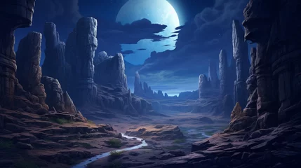 Fototapeten A moonlit canyon landscape with jagged rock formations, portraying the dramatic and mystical beauty of a nighttime canyon setting - Generative AI © Huzaifa