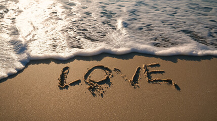 The word 'love' written in the sand on a sandy beach with waves
