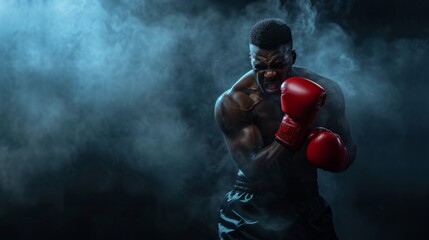 Intense boxer ready to fight, with red gloves, surrounded by dramatic smoke. Perfect for sports and determination themes. - obrazy, fototapety, plakaty