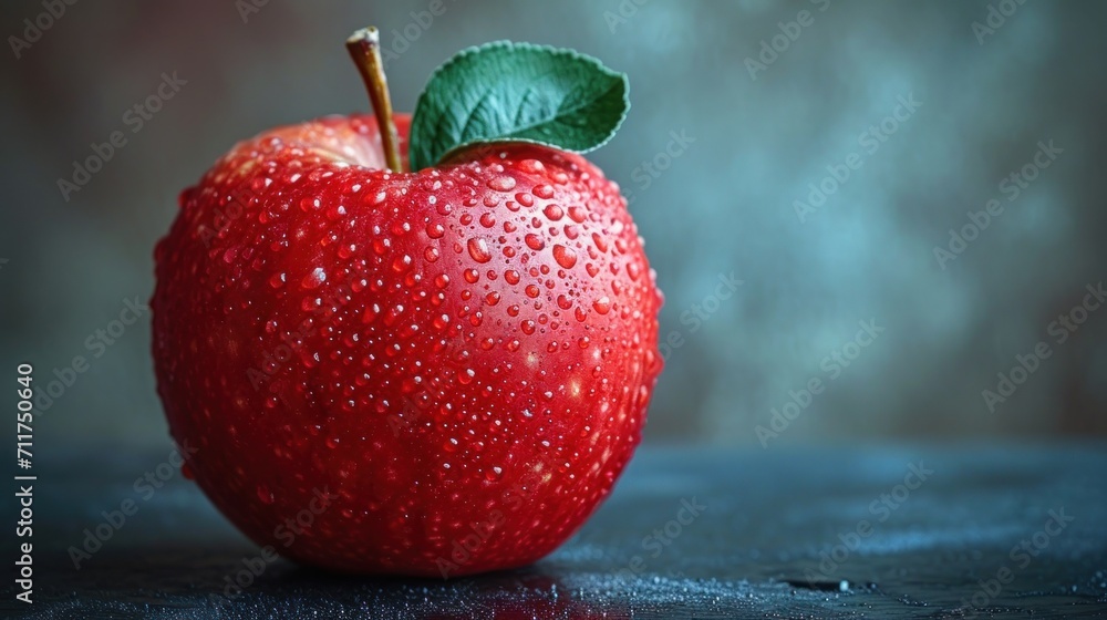 Poster a close up of a red apple with a green leaf on it's tip and water droplets on it's surface.