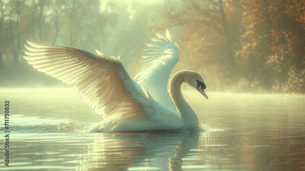 Poster a swan flapping its wings while swimming in a lake on a foggy day with trees in the background.
