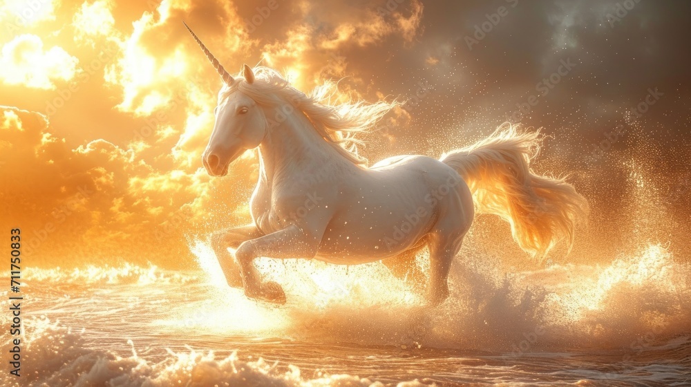 Poster a white unicorn running through a body of water in front of a sky with clouds and sun shining on it.