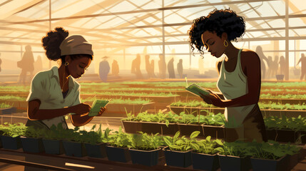 Two dark-skinned African American women plant and care for plants in a greenhouse.
