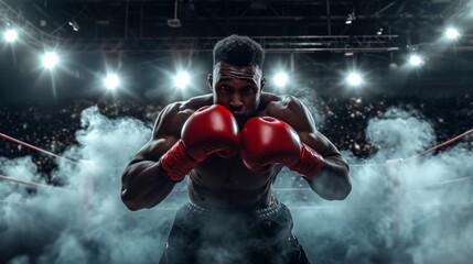 Focused boxer with gloves ready to fight in a smokey ring, intense gaze, dramatic lighting. Perfect for sports themes. - obrazy, fototapety, plakaty