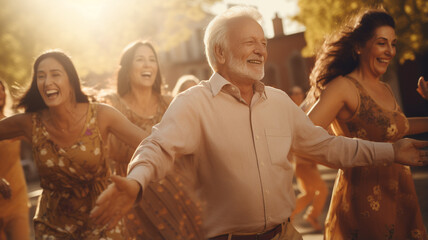 group of happy senior friends dancing together - obrazy, fototapety, plakaty