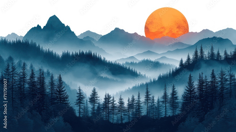 Aufkleber a painting of a mountain range with a full moon in the distance with trees in the foreground and fog