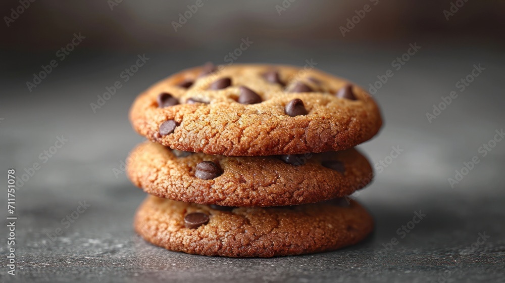 Poster three chocolate chip cookies stacked on top of each other on a counter top with a bite taken out of 