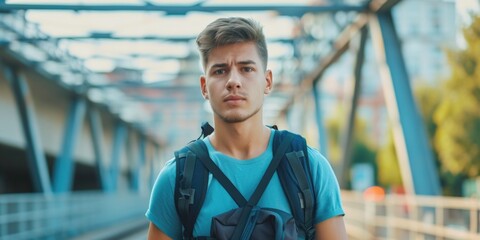Confident Young Man with Backpack Standing on Urban Bridge
