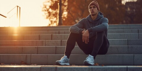 Thoughtful Man Sitting on Stairs Outdoors at Sunset
