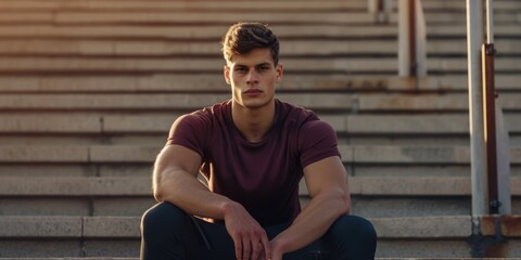 Young Athletic Man Resting on Stairs After Outdoor Workout