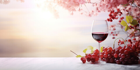 Spring theme with red wine glass with a bunch of grapes on a white table. Free space for product placement or advertising text.