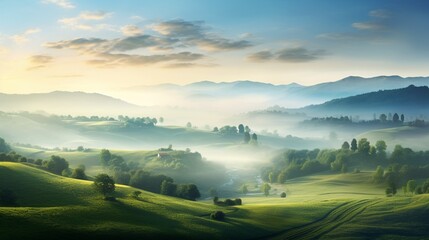 A morning mist over rolling hills, showcasing the ethereal ambiance of a misty sunrise in a serene countryside setting - Generative AI