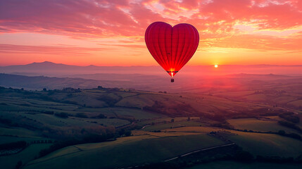 Paisaje de colinas al amanecer con globo aerostático en forma de corazón - obrazy, fototapety, plakaty