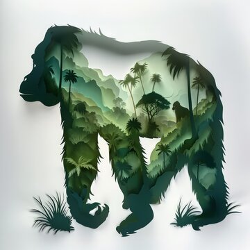 silhouette of a gorilla, with an image of the rainforest inside - ai-generated