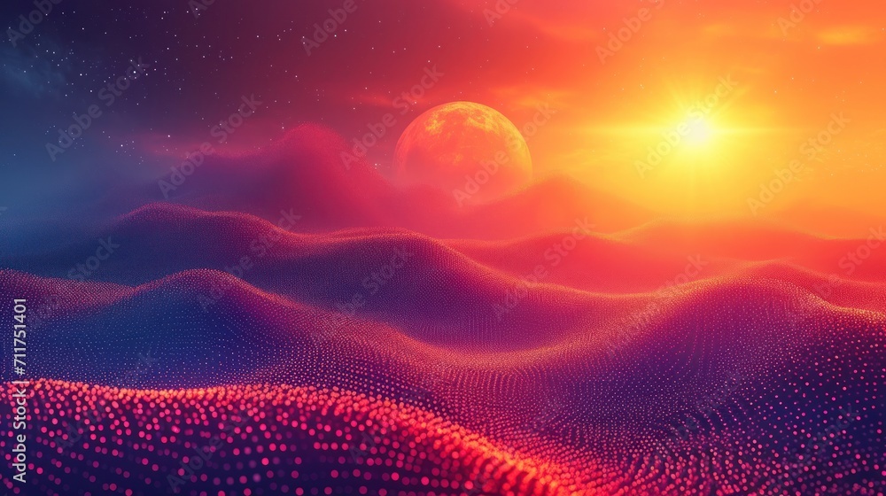 Poster a computer generated image of a sunset over a mountain range with a moon in the sky and stars in the