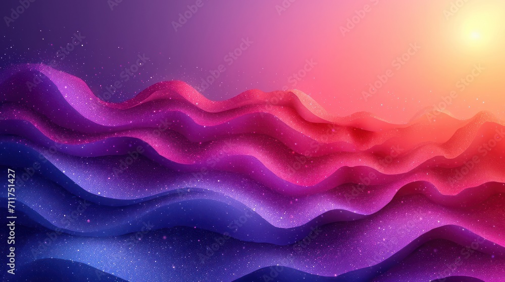 Poster a colorful background with waves and a bright sun in the middle of the image and stars in the middle