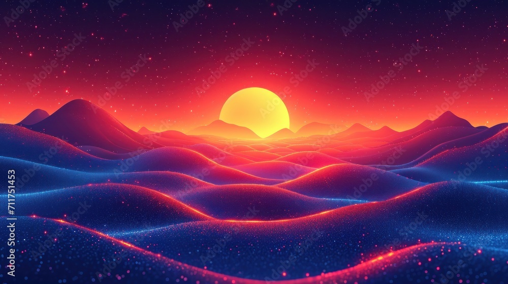 Poster a computer generated image of a sunset in the desert with mountains in the foreground and stars in t