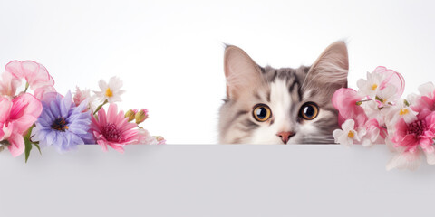 A gray cat peeks behind flowers decorated white poster. Pet products advertising banner mockup. Spring theme.