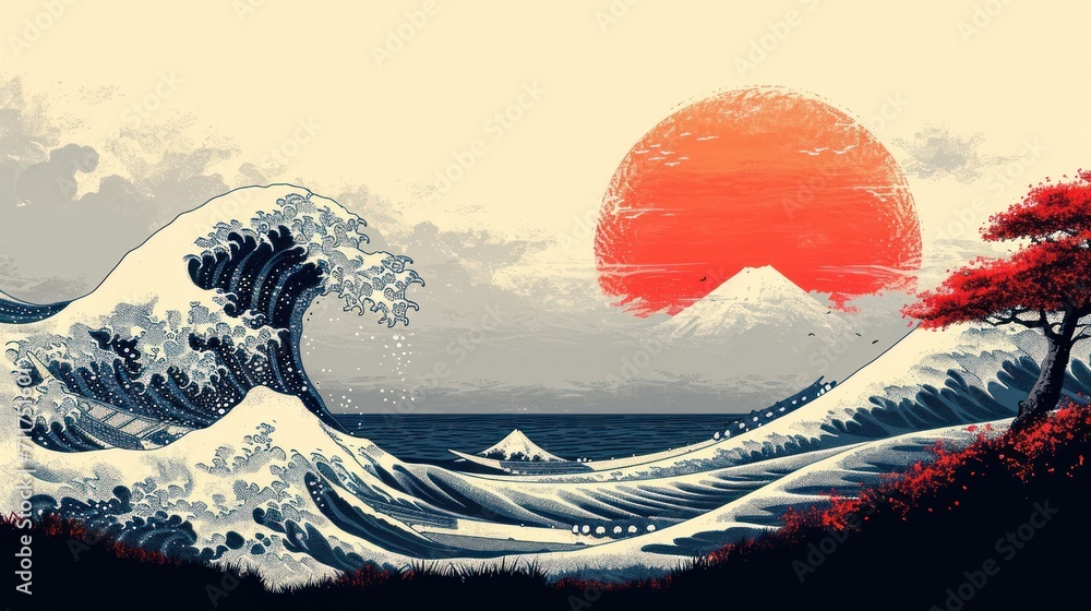Poster a painting of a large wave with a tree in the foreground and a setting sun in the background with a 
