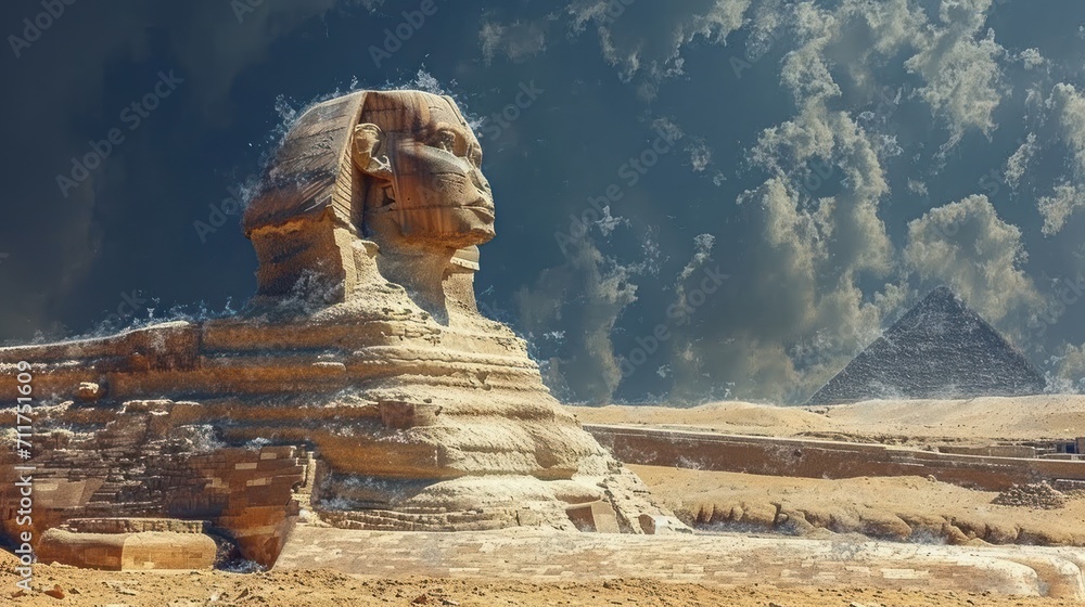 Poster the sphinx and the pyramids of giza are in the foreground with a cloudy sky in the background.