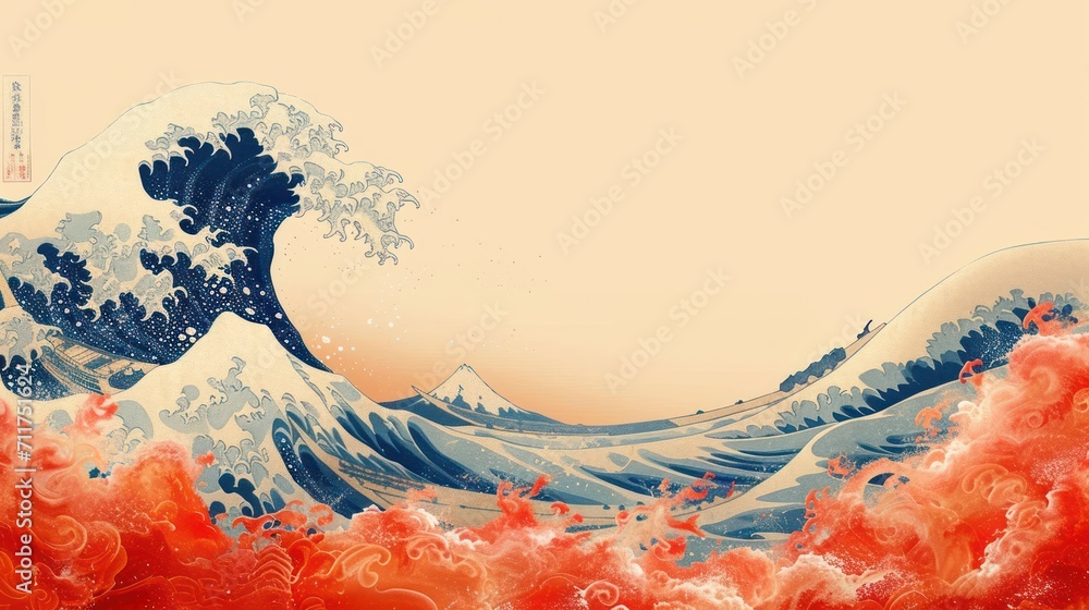 Poster a painting of a large wave in the ocean with red smoke coming out of the bottom of the wave and the 