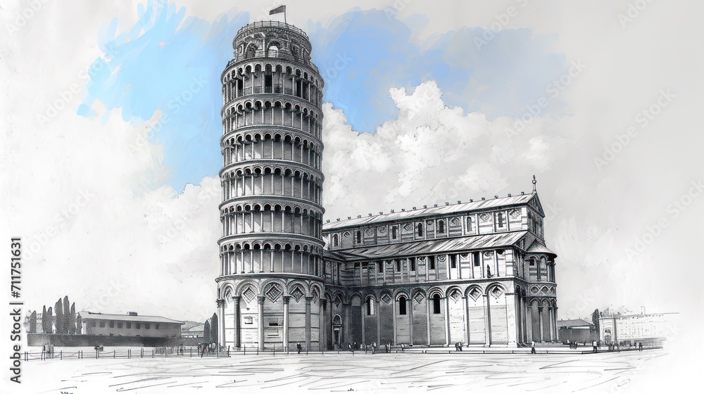 Poster a drawing of a very tall building with a clock on the top of it's tower and a train on the other sid