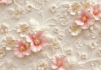 a pretty pink and white floral pattern adorned on a tile, in the style of 8k 3d, wallpaper, beige and amber, elegant subjects, realistic details, pure color.