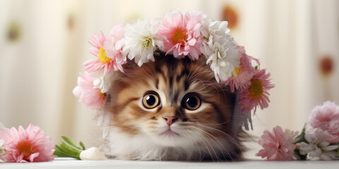 A small red kitten with a flower wreath on his head sits at a white table. Pet products advertising banner mockup. Spring theme.