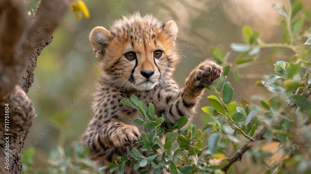 Poster a cheetah cub in a tree reaching up to a branch with its paw on the branch of a tree.