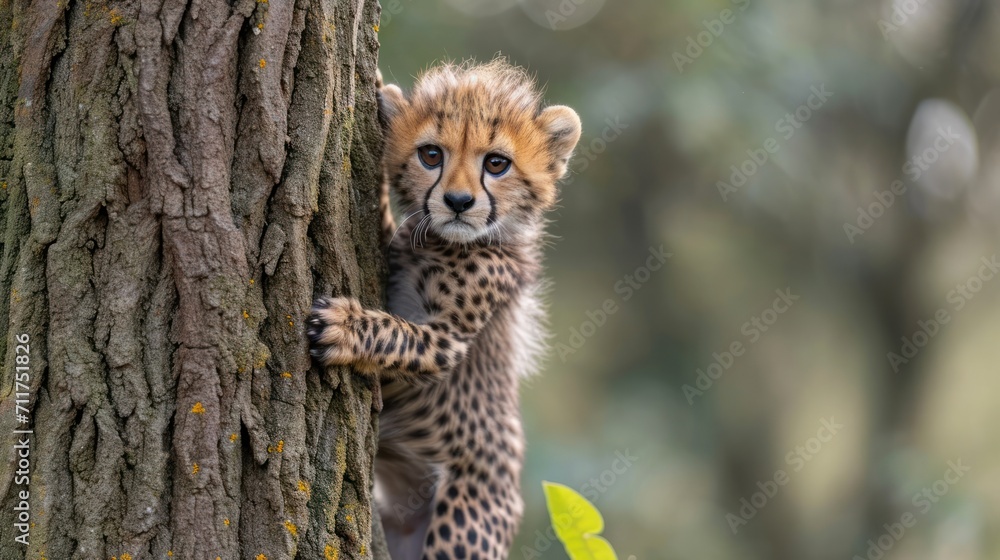 Poster a cheetah cub climbing up the side of a tree to get a hug on it's head.