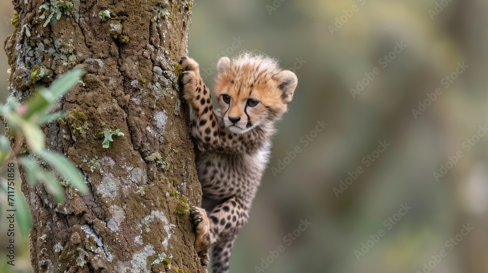 Poster a cheetah cub climbing up the side of a tree to get to the top of a tree trunk.