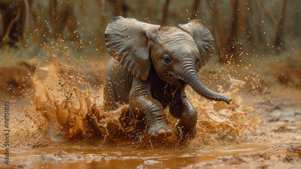 Poster a baby elephant splashing through a muddy puddle in a forest area with trees in the background and m
