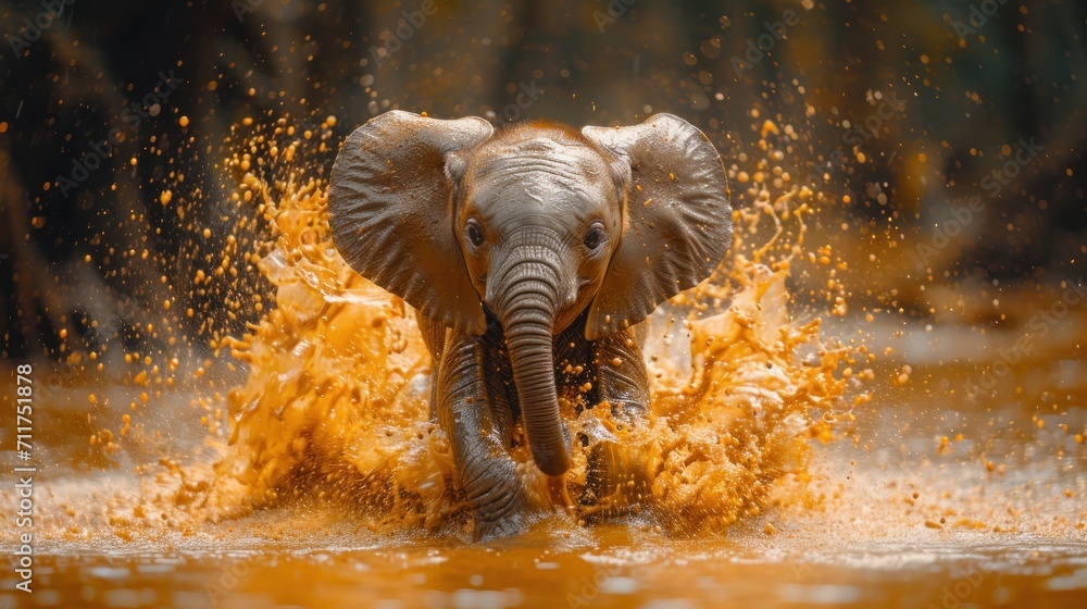 Poster an elephant splashing through a body of water with it's trunk and tusks sticking out of it's trunk.