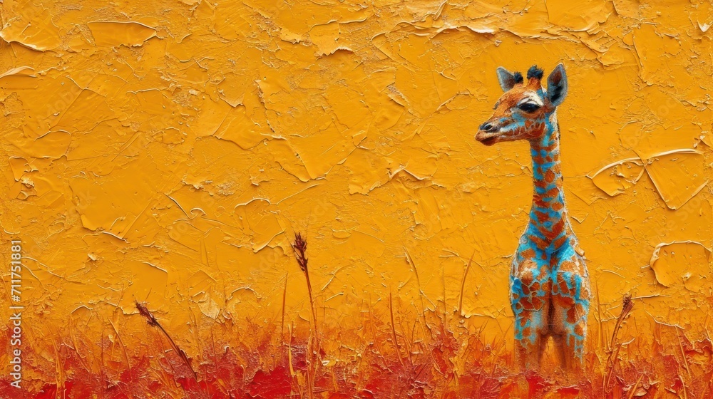 Poster a painting of a giraffe standing in front of a yellow wall with red and blue paint on it.