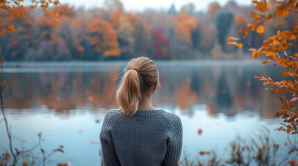 Woman with her back to the camera, looking out over a calm lake surrounded by autumn foliage generative ai - obrazy, fototapety, plakaty