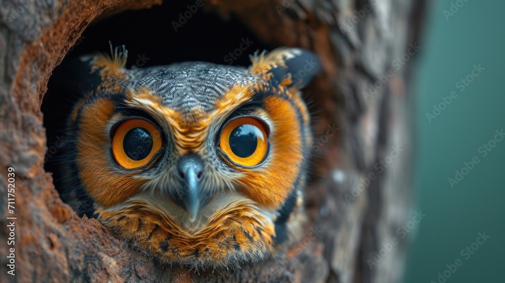 Poster a close up of an owl looking out of a hole in the bark of a tree with its eyes wide open.