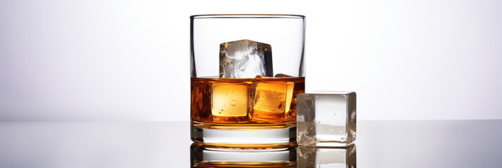 A glass of scotch or whiskey with ice cubes on a white reflective surface.