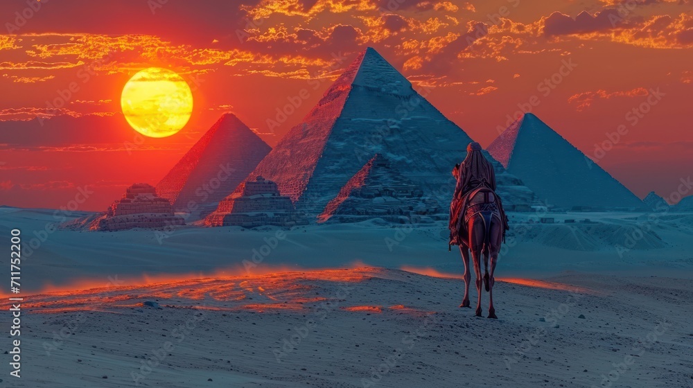 Poster a camel is standing in front of the pyramids of giza in the desert with the sun in the background.