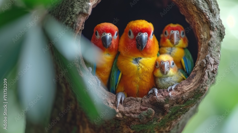 Poster a group of colorful birds sitting on top of a tree branch next to a nest of smaller birds in a tree.