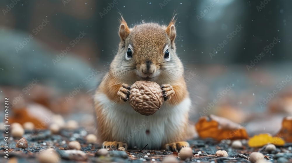 Poster a close up of a squirrel holding a nut in its mouth and looking at the camera with a blurry backgrou