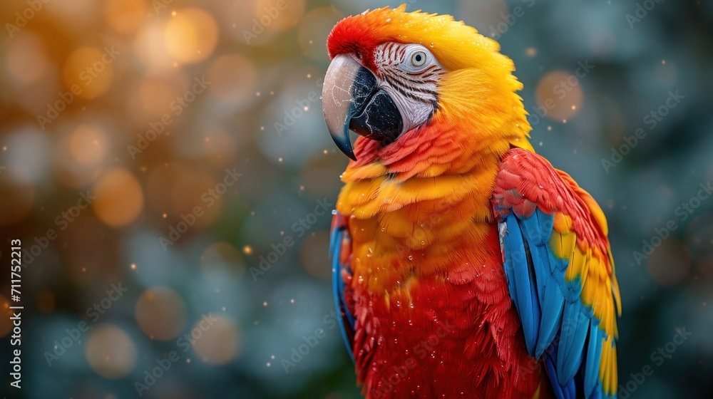 Poster  a close up of a colorful parrot on a branch with blurry trees in the background in the background is a blurry boke.