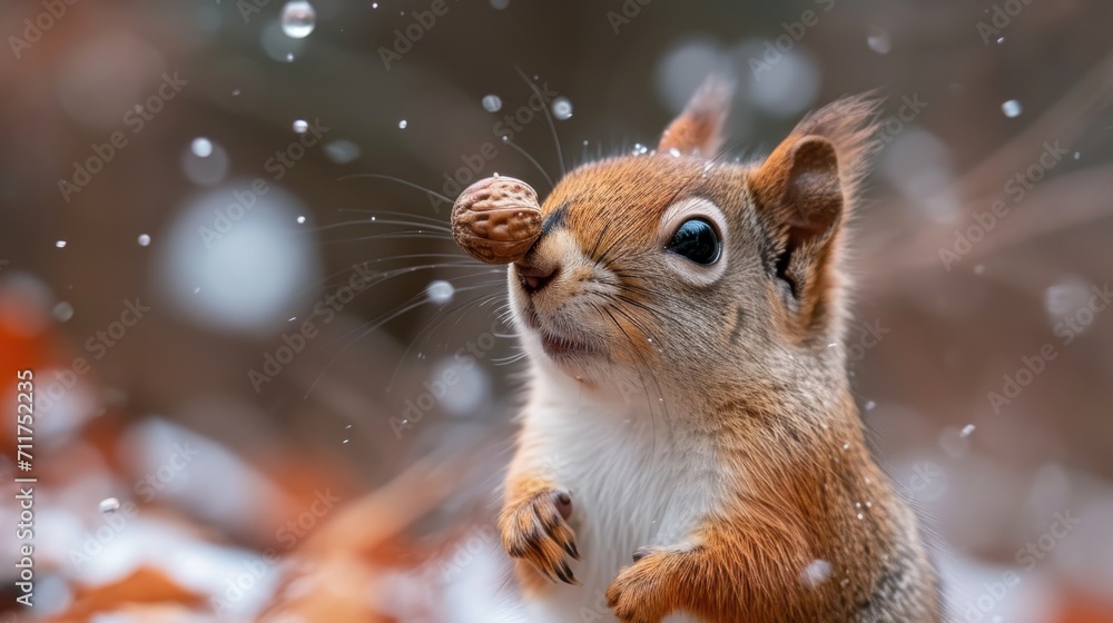 Poster a close up of a squirrel with a nut in it's mouth and snow on the ground behind it.