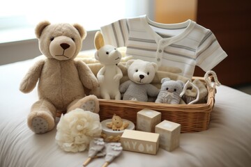 A cute teddy bear sitting on a cozy bed with a soft and welcoming appearance, Gift basket with gender neutral baby garment and accessories, AI Generated