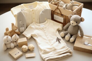 This image showcases a complete baby gift set, including a cute teddy bear and various essential items, Gift basket with gender neutral baby garment and accessories, AI Generated - obrazy, fototapety, plakaty