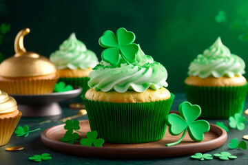 St. Patrick's Day homemade cupcake with sugar green whipped cream, clover on stone background.